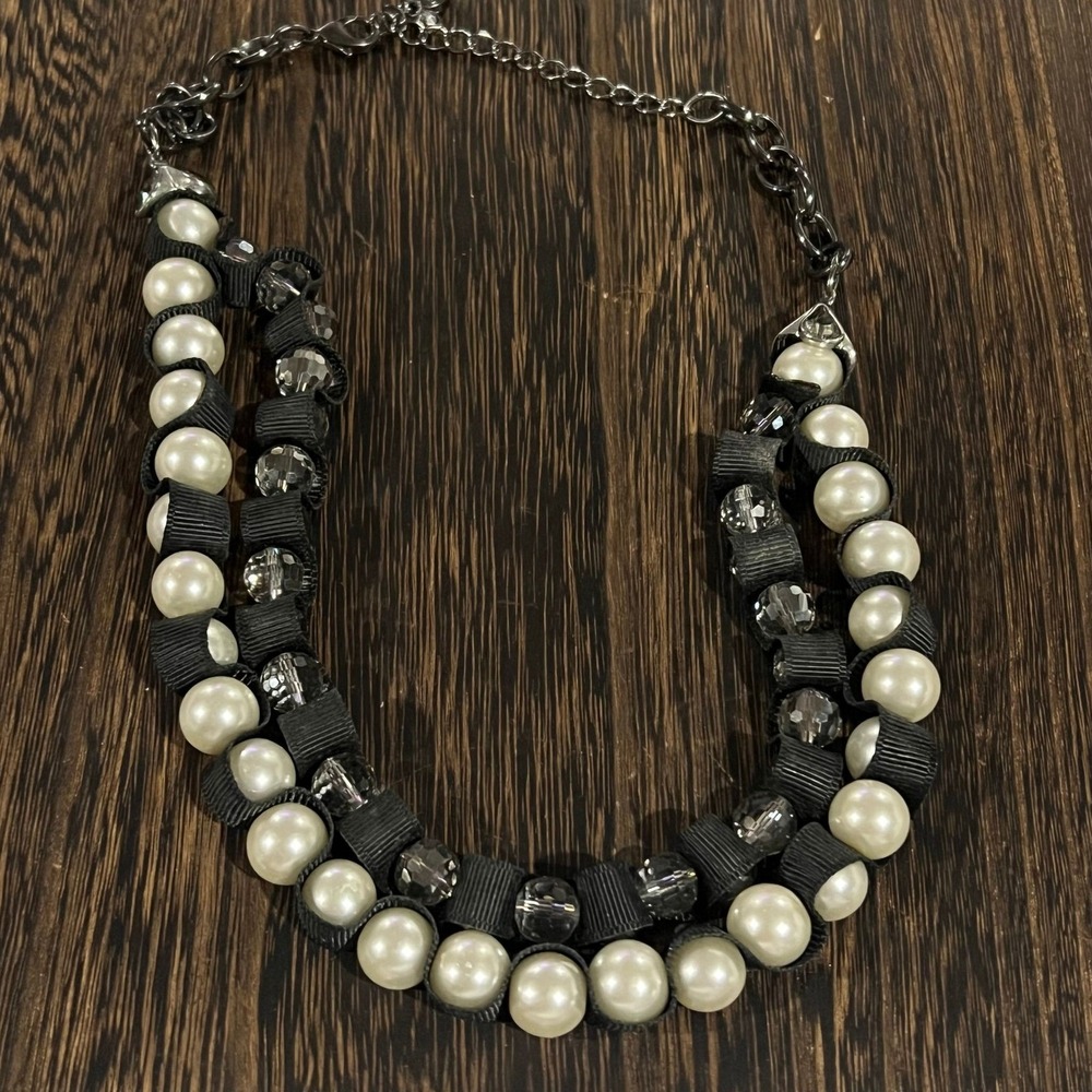 Vera Bradley Ribbon Necklace Womens OS Black Faux Pearl Crystal Statement